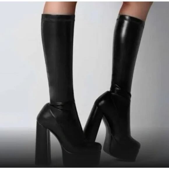 Steve Madden Ella Boots Knee High Platform Faux Leather Block Heeled. Black - Picture 2 of 13